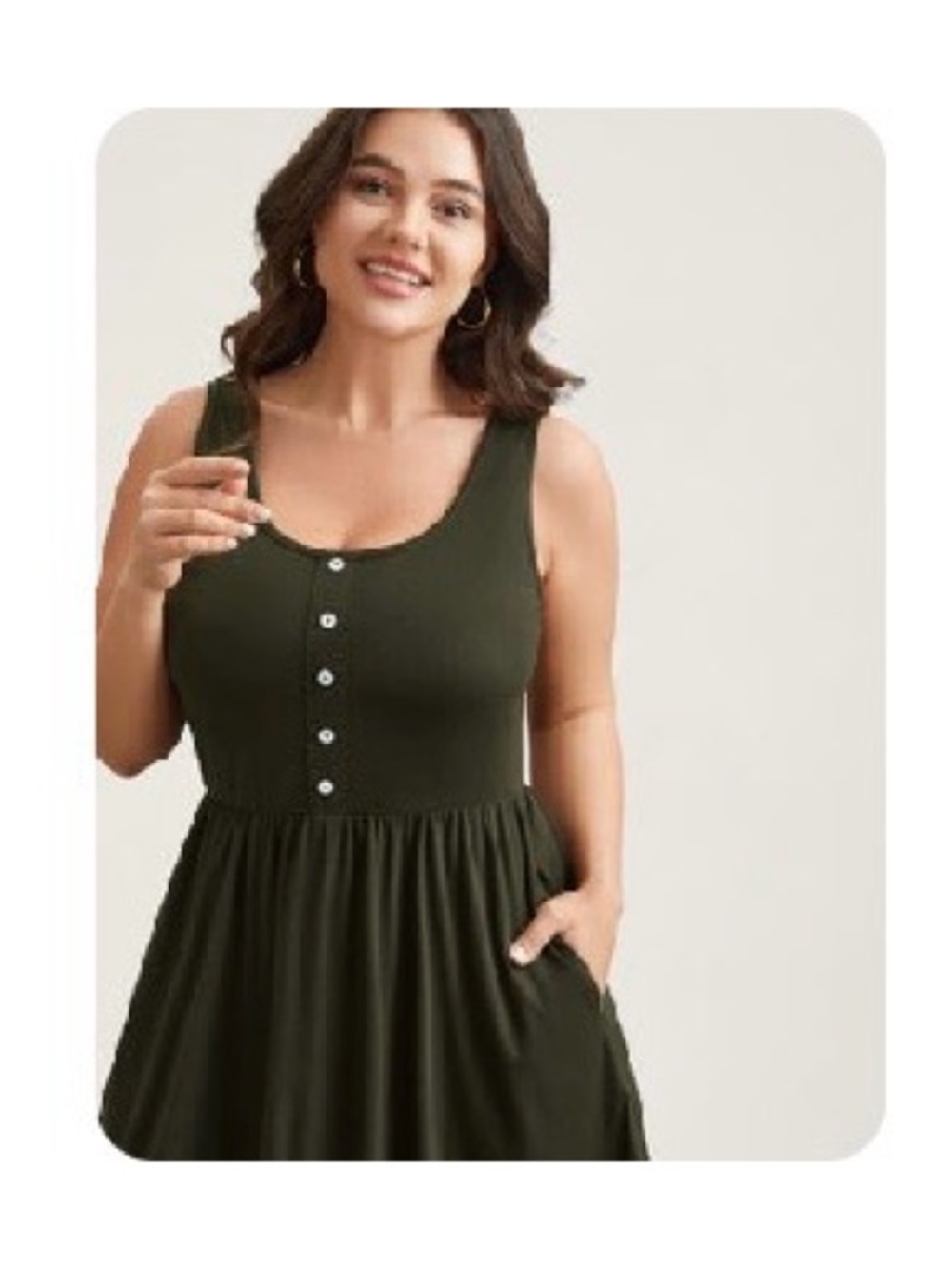 Sleeveless Olive Green Button-Front Midi Dress